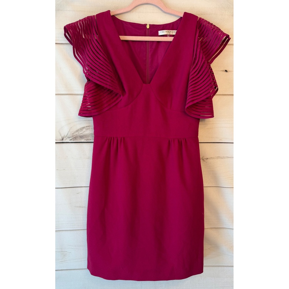 Trina Turk Magenta Pink V-Neck Sheath Dress Pleated Mesh Ruffle Sleeve Size 6